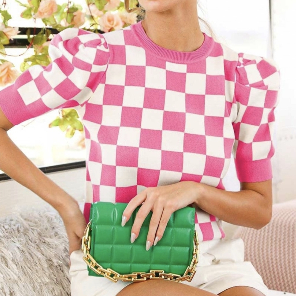 Vine & Love Pink and White Checkered Short Sleeve Tee
